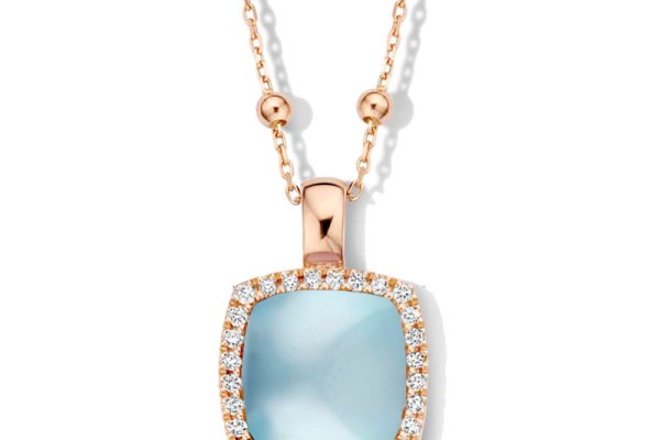 One More roségouden collier met lichtblauwe steen en diamant