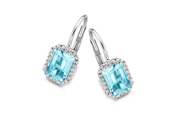 Witgouden oorbellen met blauwe topaas en diamant