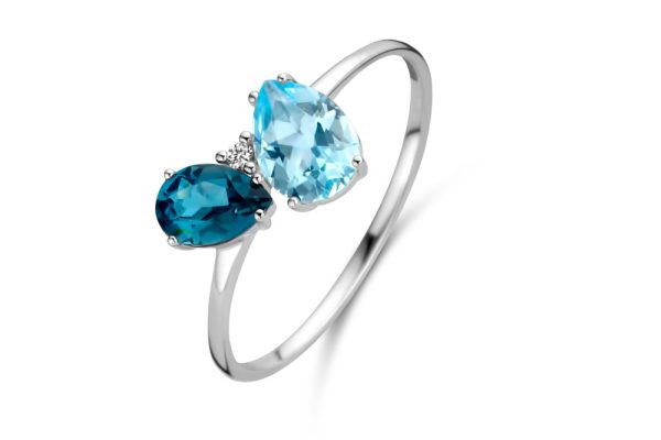 Witgouden ring met twee blauwe topazen