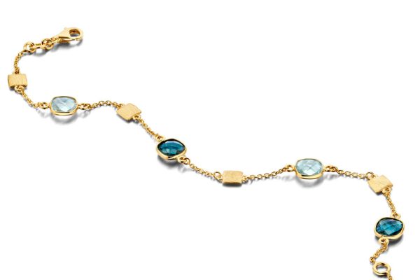 Gouden collier met lichtblauwe en blauwe stenen