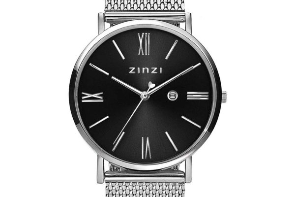 Zinzi horloge met stalen mesh band en zwarte wijzerplaat