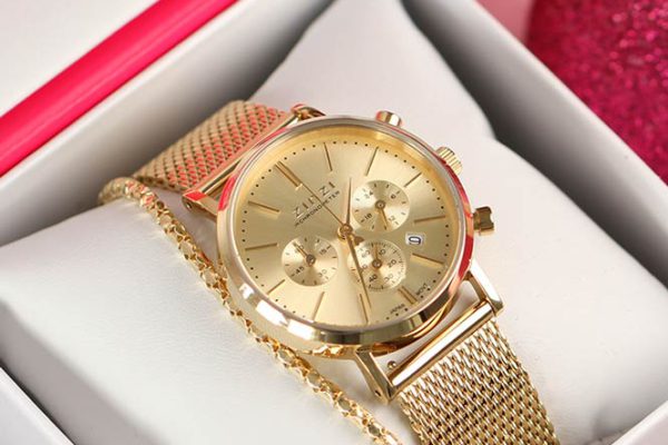 Gouden Zinzi chronograaf horloge met mesh band in geschenkdoos